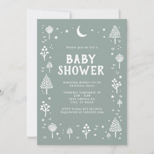 Sage Green Woodlands & Stars Baby shower Kaart
