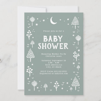 Sage Green Woodlands & Stars Baby shower Kaart