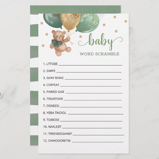 Sage Green Word Scramble Game Teddy Bear (Voorkant / Achterkant)