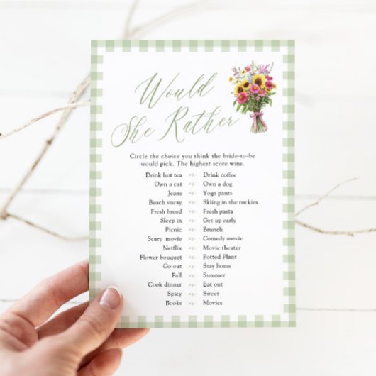 Sage Green Would She Rather Bridal Shower Game Kaart