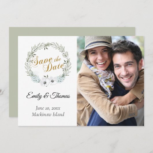 Sage Green Wreated Photo Save the Date (Voorkant / Achterkant)