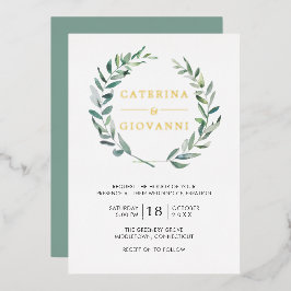 Sage Green Wreath Greenery Rustic Wedding Gold Folie Uitnodiging