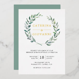 Sage Green Wreath Greenery Rustic Wedding Gold Folie Uitnodiging