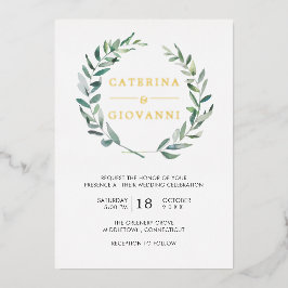 Sage Green Wreath Greenery Rustic Wedding Gold Folie Uitnodiging