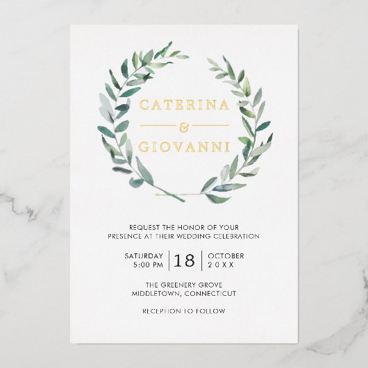 Sage Green Wreath Greenery Rustic Wedding Gold Folie Uitnodiging (Voorkant)
