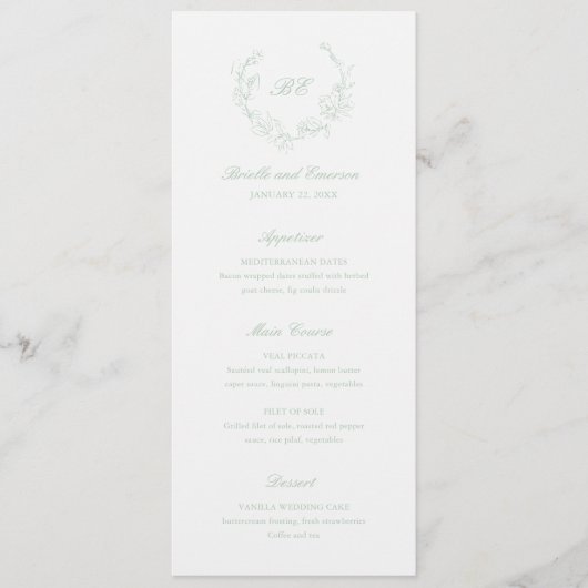 Sage Green Wreath Monogram Elegante bruiloft Menu (Voorkant)