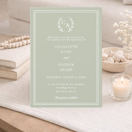 Sage green wreath monogram luxury wedding  kaart