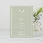 Sage green wreath monogram simple wedding kaart (Staand voorkant)
