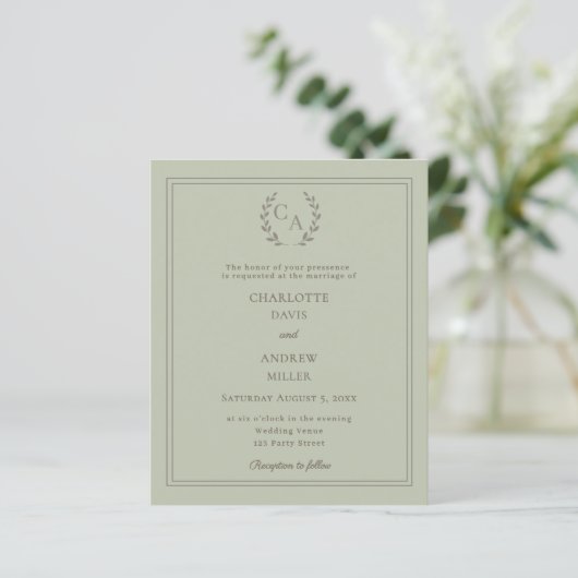 Sage green wreath monogram wedding invitation (Staand voorkant)