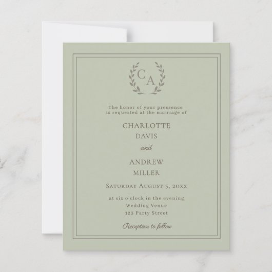 Sage green wreath monogram wedding invitation (Voorkant)