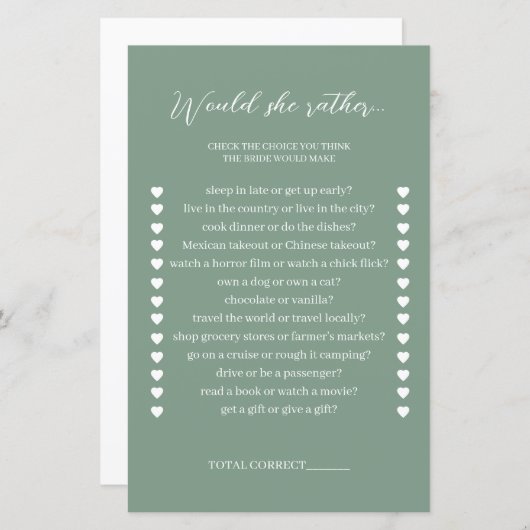 Sage Green zou liever Vrijgezellenfeest spel (Voorkant / Achterkant)