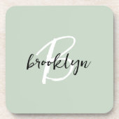 Sage Green Zwart-wit Script Monogram Bier Onderzetter (Voorkant)