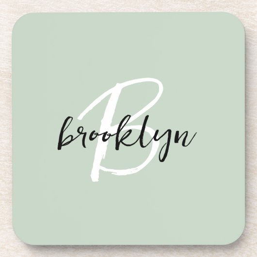 Sage Green Zwart-wit Script Monogram Bier Onderzetter (Voorkant)