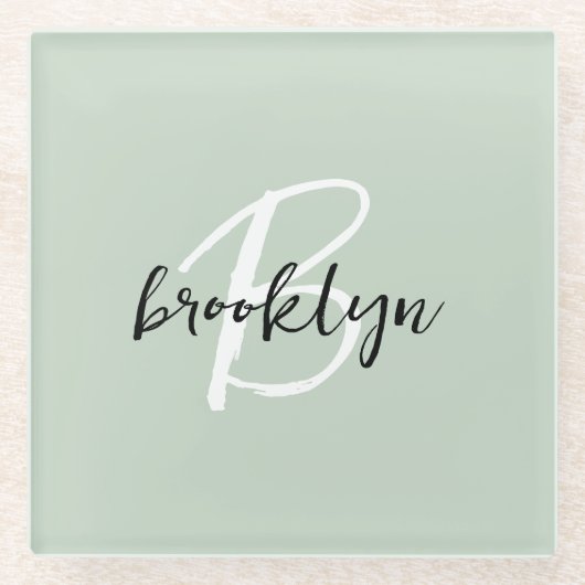 Sage Green Zwart-wit Script Monogram Glazen Onderzetter (Voorkant)