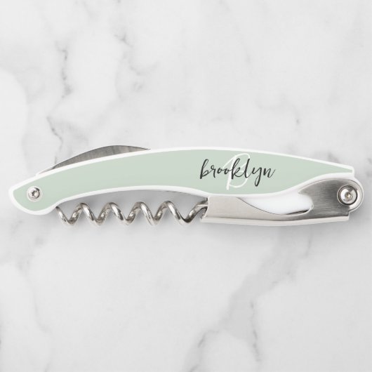 Sage Green Zwart-wit Script Monogram Kurkentrekker (Achterkant)