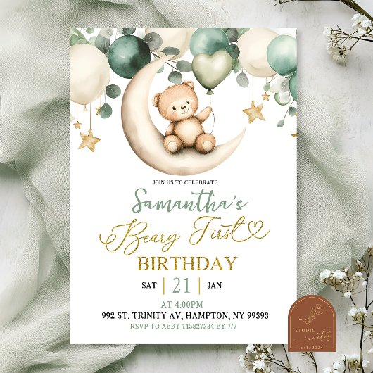 Sage Greenery Beary First Birthday Kaart