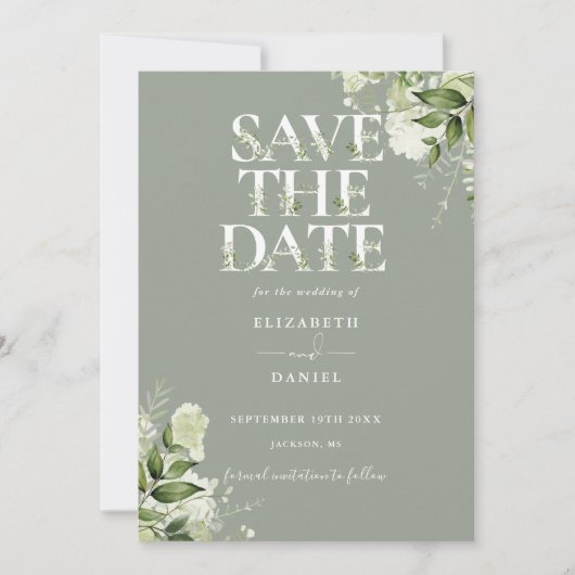 Sage Greenery Bloemen Typografie Huwelijk Save The Date (Voorkant)