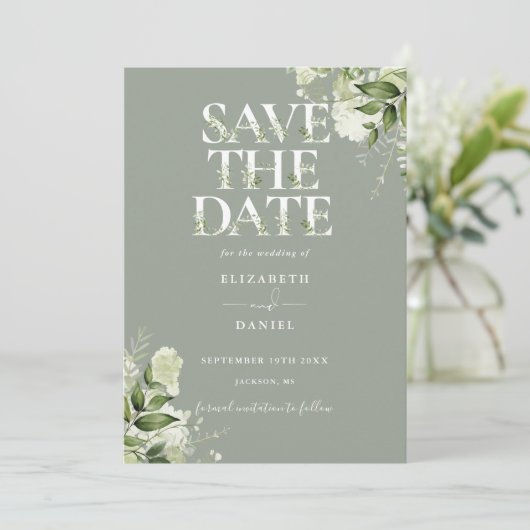 Sage Greenery Bloemen Typografie Huwelijk Save The Date (Staand voorkant)