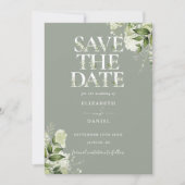 Sage Greenery Bloemen Typografie QR Code Huwelijk Save The Date (Voorkant)