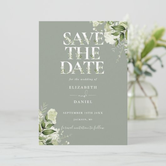 Sage Greenery Bloemen Typografie QR Code Huwelijk Save The Date (Staand voorkant)