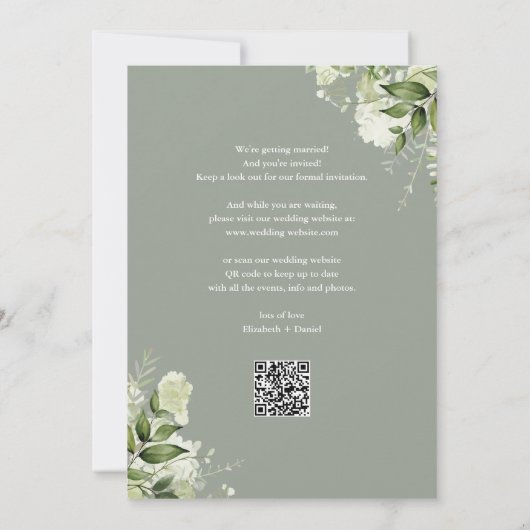 Sage Greenery Bloemen Typografie QR Code Huwelijk Save The Date (Achterkant)