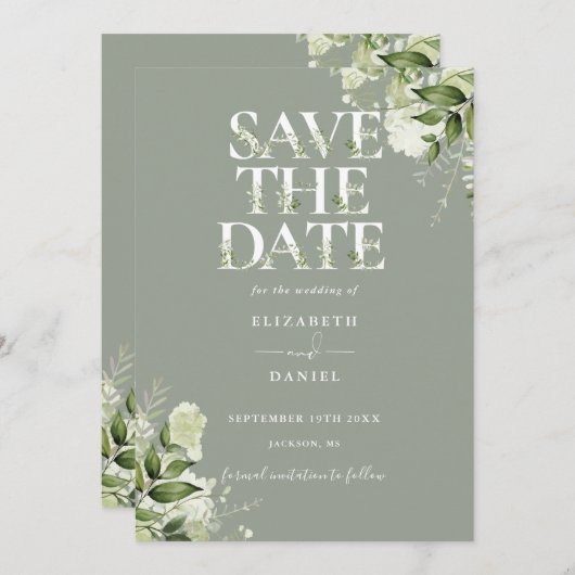 Sage Greenery Bloemen Typografie QR Code Huwelijk Save The Date (Voorkant / Achterkant)