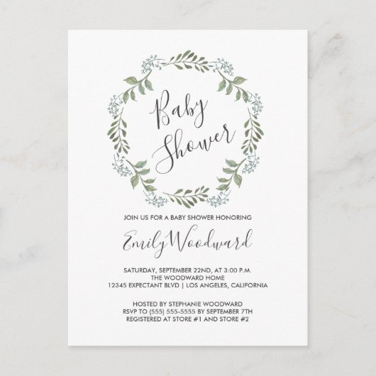 Sage Greenery Botanical WreatBaby shower Uitnodiging Briefkaart (Voorkant)