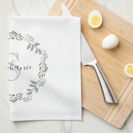 Sage Greenery Botanical Wreatmonogram Theedoek (Quarter Fold)