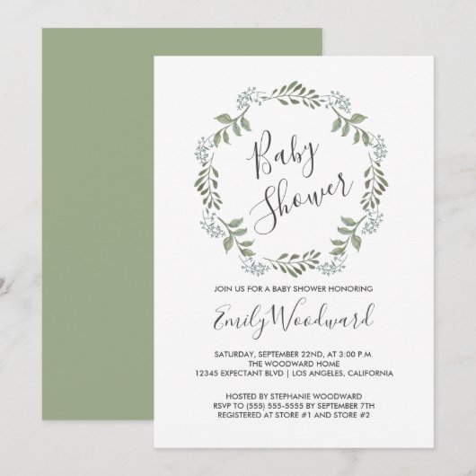 Sage Greenery Botanische Krans Baby Shower Kaart (Voorkant / Achterkant)