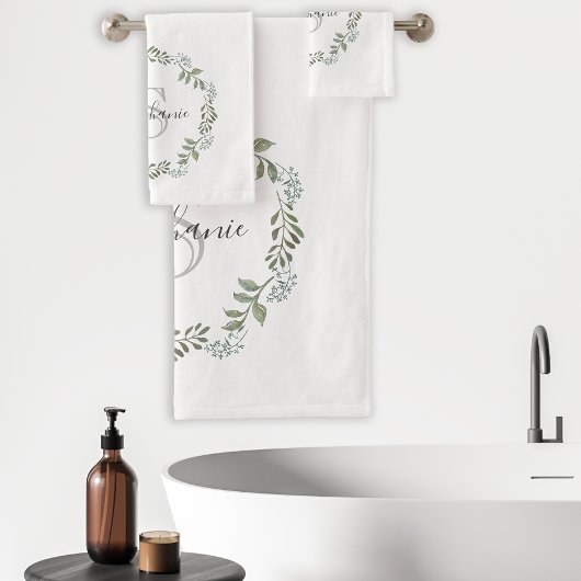 Sage Greenery Botanische Krans Monogram Bad Handdoek