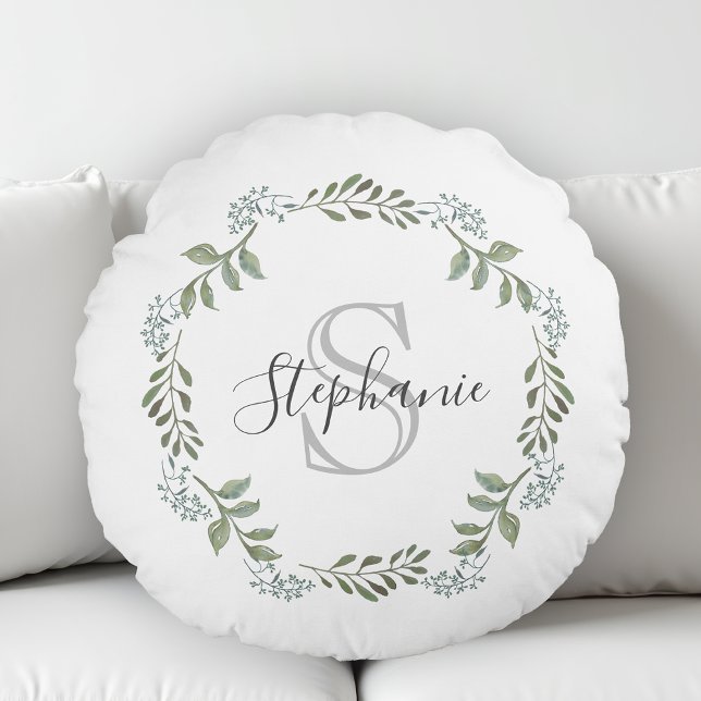 Sage Greenery Botanische Krans Monogram Rond Kussen (Creator heeft geüpload)