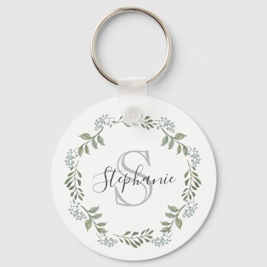 Sage Greenery Botanische Krans Monogram Sleutelhan Sleutelhanger (Voorkant)