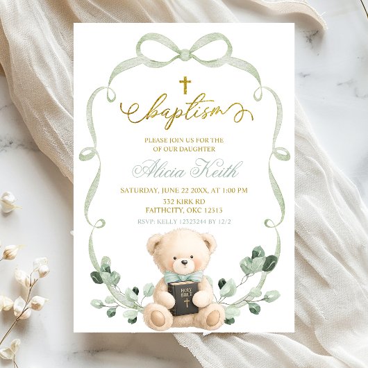 Sage Greenery Bow Coquette Bear Baptism Kaart