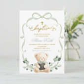 Sage Greenery Bow Coquette Bear Baptism Kaart (Staand voorkant)