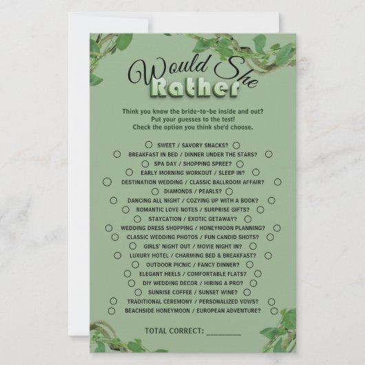 Sage Greenery Bridal Shower Would She Rather Game (Voorkant)