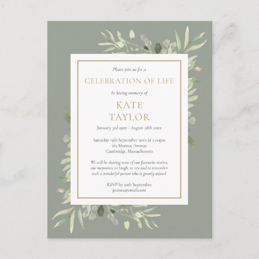 Sage Greenery Celebration of Life Invitation Aankondigingskaart (Voorkant)