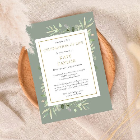 Sage Greenery Celebration of Life Invitation Aankondigingskaart