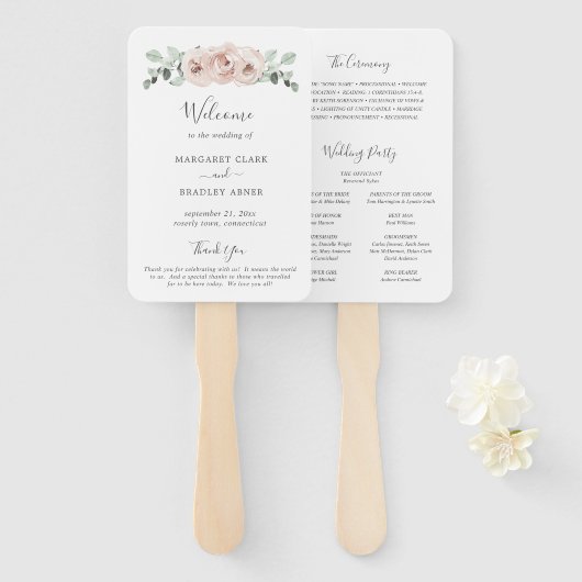 Sage Greenery Dusty Roos Floral Wedding Programme Handwaaier (Voorkant en achterkant)