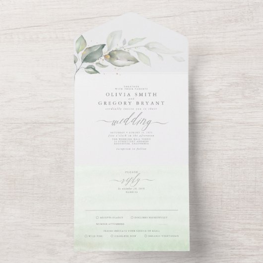 Sage Greenery en Gold Leaves Elegant Wedding All In One Uitnodiging (Binnen)
