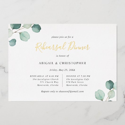 Sage Greenery Eucalyptus Rehearsal Dinner Gold Folie Uitnodiging (Voorkant)