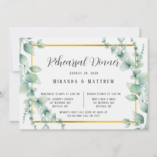 Sage Greenery Faux Gold Geometric Rehearsal Dinner Kaart (Voorkant)