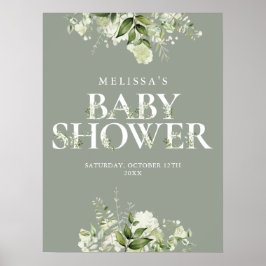 Sage Greenery Floral Baby shower Sign Poster