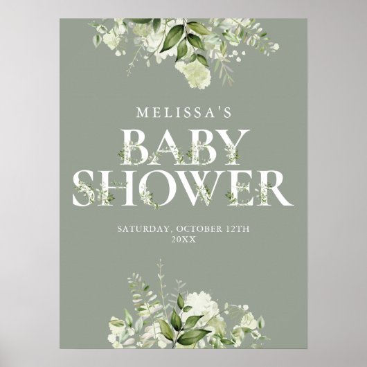 Sage Greenery Floral Baby shower Sign Poster (Voorkant)