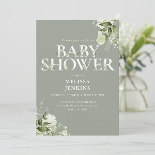 Sage Greenery Floral QR Code Baby shower Kaart (Staand voorkant)