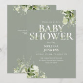 Sage Greenery Floral QR Code Baby shower Kaart (Voorkant / Achterkant)