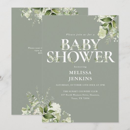 Sage Greenery Floral QR Code Baby shower Kaart (Voorkant / Achterkant)