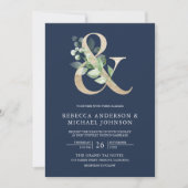 Sage Greenery Gold Ampersand Navy Blue Wedding Kaart (Voorkant)