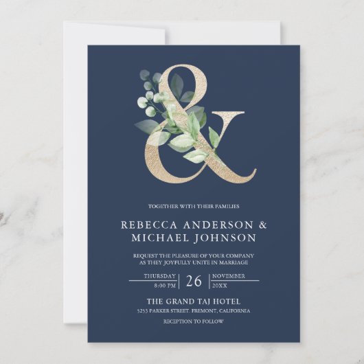 Sage Greenery Gold Ampersand Navy Blue Wedding Kaart (Voorkant)