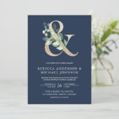 Sage Greenery Gold Ampersand Navy Blue Wedding Kaart (Staand voorkant)