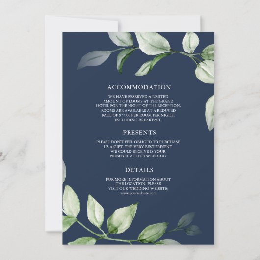Sage Greenery Gold Ampersand Navy Blue Wedding Kaart (Achterkant)